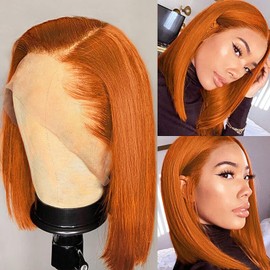 Superfect Bob Wig Human Hair 13x4 Frontal Lace Wig Ginger Lace Front Wigs Human Hair Pre Plucked Short Orange Colored Hd Transparent Human Hair Wigs For Black Women (14 Inch, Ginger Orange)