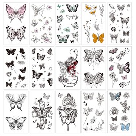 VIWIEU Small Butterfly and Flower Temporary Party Tattoos Realistic for Women and Teen Girls 15 Pack, Tiny Fake Black Butterfly Body Art Stickers Gift for Christmas&Holiday Fiesta