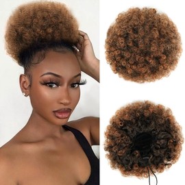quesdom Afro Puff Ponytail Extension Synthetic Ombre Auburn 80 Grams Afro Puff Drawstring Clip on Kinky Curly Bun for Black Women(1B-30 Ombre Auburn)