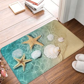 Nautical Coastal Bath Mats for Bathroom, Soft Absorbent Starfish Seashell Coral Beach Bath Rug Non-Slip Floor Rug Carpets for Kitchen Laundry Bedroom Living Room Decoration