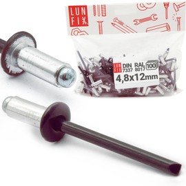 LUN FIX Blind Rivets 4.8 x 12 mm Pack of 100 DIN 7337, Aluminium Pop Rivets with Steel Mandrel, Aluminium 4.8 mm Dome Head Open End, Rivet Set, for Rivet Pliers, Hollow Rivets Alternative, Riveting