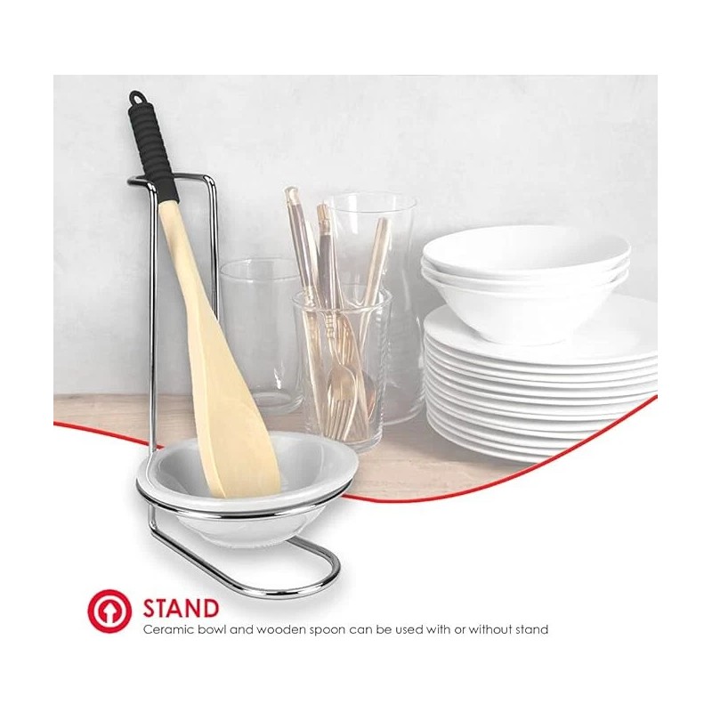 Home Basics Standing Spoon Rest with Ceramic Tray and Wooden
