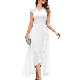 Bbonlinedress Women's Hi-Lo Ruffled Flowy White Gown for Formal Wedding V-Neck Floral Lace Cocktail Party Prom Bridesmaid Dress White M