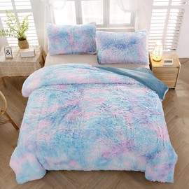 SUCSES Blue Queen Duvet Cover Set Rainbow Tie Dye Fluffy Girls Bedding Set Queen Size Plush Shaggy Furry Comforter Cover Set for Bedroom Decor (1 Duvet Cover, 2 Pillowcases)