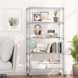 Himimi 5-Tier Storage Shelf Wire Shelving Unit on Wheels, Adjustable Heavy Duty Metal Shelves with Side Hooks, Steel Rack Organization for Kitchen Garage Basement, Silver