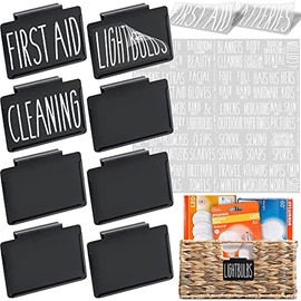 Talented Kitchen 8 Black Basket Labels Clip On with 70 White Household Items Labels. Removable Bin Clip Labels for Baskets. Organization and Storage Baskets Labels (Black Clip/White Household Labels)