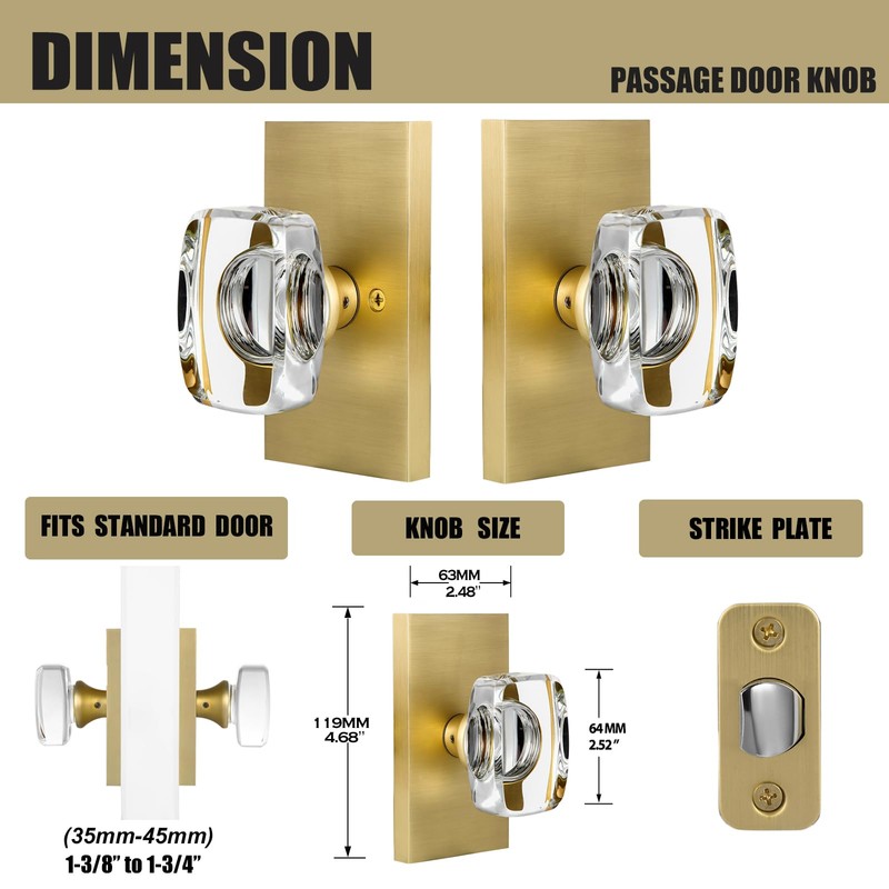 HIEMEY Gold Crystal Glass Passage Door Knobs Interior, Modern Satin