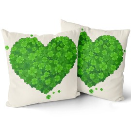 St Patricks Day Spring Pillow Covers 20X20 Inch Green Heart Shamrock Square Pillow Cases Lucky Clover Throw Pillows Set of 2 Farmhouse Home Decorations For Living Room Bedroom Sofa Couch Cushion