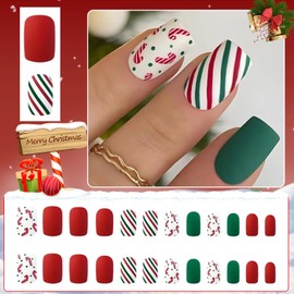 24Pcs Christmas Press on Nails, Short Square False Nails with Christmas Cane Pattern, Red Green Stick on Nails Full Cover Acrylic Nails Tips for Women Girls Decoration Nail Art