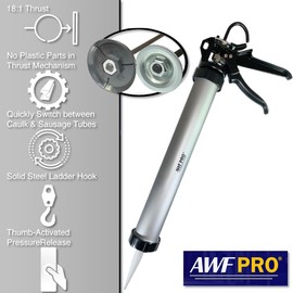 AWF PRO Sausage Caulking Gun, 20 oz Foil Pack and 10 oz Cartridge Convertible, 18:1 Thrust Ratio, Aluminum Barrel, Includes 3 Tips