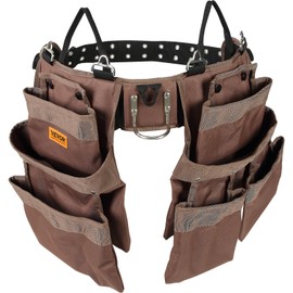 VEVOR 19 Pockets ool Belt, Adjusts from 32 Inches to 54 Inches, Polyester Heavy Duty Tool Pouch Bag, Detachable Tool Bag for Electrician, Carpenter, Handyman, Woodworker, Construction, Framer, Brown