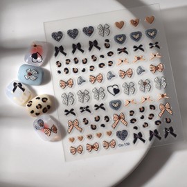 Bow Nail Stickers Leopard Print Nail Decals for Nails Art with Heart Design 5D Embossed Self Adhesive Nails Art Stickers Charms Supply for Women Girls Kid Manicure DIY Decorations