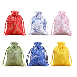 PAVIKE Brocade Jewelry Pouch Set of 6, Wedding Candy Wrapping Bags, Chinese Style Drawstring Pouch, Dragon Pattern Design, Gift Bag, Storage Bag, Small Item Holder, Portable, Drawstring