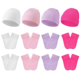 Hercicy 4 Pack Preemie Hat and Mitten Set Cotton Preemie Beanie No Scratch Baby Mitten Nicu Hospital Hat for Preemie Boy Girl(White, Light Pink, Light Purple, Rose Red)