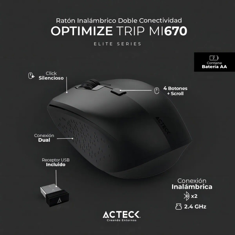 Mouse Inalámbrico Acteck MI670 Óptico 1600dpi USB 4 Botones Negro