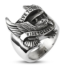 Autiga Live to Ride - Ride to Live Biker Ring Eagle Wings Men Stainless Steel, Stainless Steel