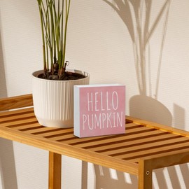 STHTTSW Pink Fall Decor, Hello Pumpkin Sign for Baby Shower, Cute Fall Autumn Pumpkin Wooden Sign Table Wall Bathroom Thanksgiving Decor 5x5 - Pink