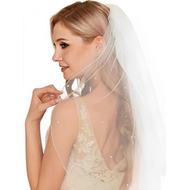 SAWINDA Wedding Bridal Veil Rhinestone Tulle Veil Fingertip Length Bride Hair Accessories for Women Girls Bachelorette Party First Communion, 60cm/23.6"