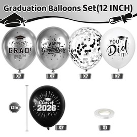 Black White Silver Graduation Balloons 2026, 12 Inch Class of 2026 Congrats Grad Balloons for High school College Graduation Party Decorations Congratulations Grad Celebrations Black Silver White 2026