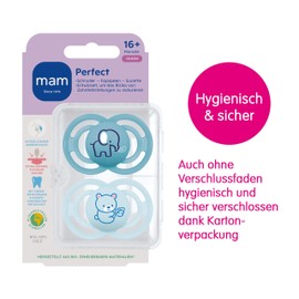 MAM Perfect Dummy Set of 2, for Healthy Teeth and Jaw Development, Baby Dummy Made from Sustainable & Organic Renewable Materials, with Dummy Box, 16+ Months, Elephant/Bear