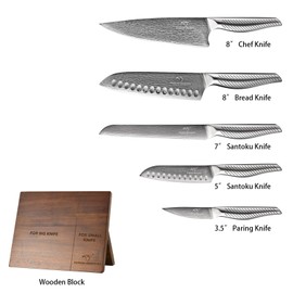 NANFANG BROTHERS® Kitchen Knife Set with Magnetic Knife Holder, 6-Piece Damascus Steel Knives & Acacia Wood magnetic Block - Includes Chef, santoku, Bread, Small Santoku, Fruit Knives