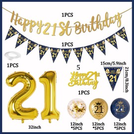 VICTERR 21st Birthday Decorations Men Blue Gold Happy 21st Birthday Banner, 21st Birthday Balloons, Navy Blue Gold Latex Balloons Party Decorations Confetti Balloons for Men 21 Birthday Party Supplies