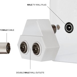 1STec 90° Right Angled 2 Way Diplex Triplex use Coax Connector Roof Top Aerial Wire Wall Outlet Splitter for UHF Freeview Digital TV with Push on Coaxial Female that Creates Twin Male Line Out Plugs
