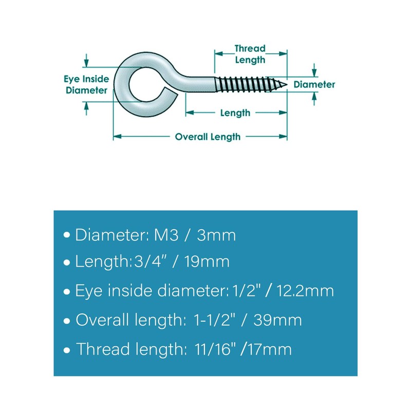 M3 x 1-1/2" Screw Eyes (20pcs) Small Eyelet Screws Lag