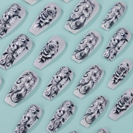 BABALAL Press on Nails Long Coffin Fake Nails Black Rose Glue on Nail Art Punk Goth Acrylic Nails 24Pcs Glossy Ballerina Y2k Stick on Nails Coquette DIY False Nails