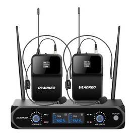 AOKEO Wireless Microphone System,Metal Wireless Mic Set with Bodypack/Headset,2 x 30 UHF Frequencies, Cordless Mic for Singing, Karaoke,Church