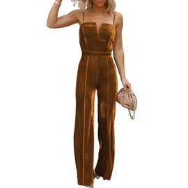BLENCOT Sleeveless Velvet Jumpsuits For Women V Neck Spaghetti Straps Wide Leg Long Pants Dressy Rompers Winter Overalls Chestnut Large