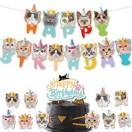 Cat Birthday Decoration, 13Pcs Cute Cartoon Cat Birthday Banner with 10Pcs Cat Cupcake Toppers and 1Pcs “Happy Birthday”Cupcake Toppers for Pet Theme Birthday Party