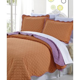 Serenta 3 Piece Solid Reversible Microfiber Quilts Set, King, Orange/Purple