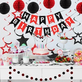 Red and Black Birthday Decoration, Happy Birthday Banner with Honeycomb Balls, Star Hanging Swirl Streamers, Circle Dots Garland, Happy Birthday Party Decorations for Women Men Boys Girls