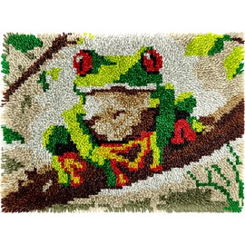 Cute Frog Latch Hook Kits for Adults Kids Beginners Amphibious Animals Latch Hook Rug Kit Pre-Printed Hook and Latch Carpet Making Kits Cross-stitch DIY Wall Hanging Crochet Set 20x15 In. Craft Gift
