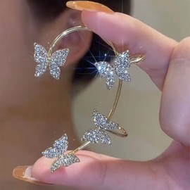 Butterfly Ear Cuffs Earrings Rhinestone Butterfly Ear Wrap No Piercing Eae Cuff Clip On Earrings for Women (Gold)