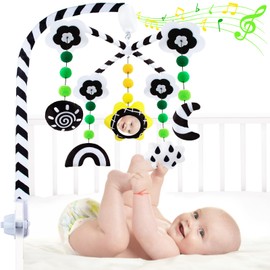 Baby Mobiles for Cribs, Black and White High Contrast Mobile Toys with Mirror, Musical Baby Crib Mobile for Newborn Infants Boys and Girls, Baby Mobile Hanging Rotating Crib Toys, Knob Type