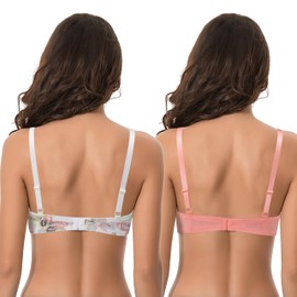 Curve Muse Ladies Plus Size Unlined Balconette Cotton Lace Bra 2 or 3 Pack, Cream/Coral/Yellow,Coral (2 Pack)