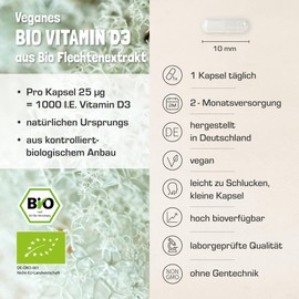 Bio Vitamin D3 Kapseln vegan | Bio Vitamin D3 vegan | aus Flechtenextrakt aus kontrolliert-biologischem Anbau | im Glas | 1 Kapsel = 25 µg = 1000 I.E. | 2-Monatsversorgung | laborgeprüft