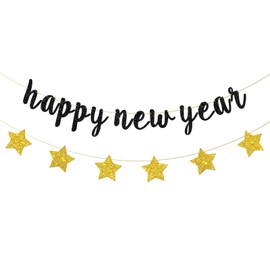 Happy New Year Banner, Home Office Celebrations Party Decorations Hello 2026 Party Hanging Sign New Year's Eve Bunting Supplies Black Glitter