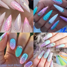 Fish Scales Nail Art Foils Colorful Nail Foil Transfer Stickers Decals Holographic Laser Line Mermaid Nail Art Design for Women Girls Manicure Tips Decorations Bright Colors Nail Art Film (10 Sheets