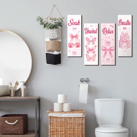 Honoson 4 Pcs Bathroom Wall Decor Pictures Wooden Relax Soak Unwind Breathe Hanging Signs of Wooden Wall Art for Home Spa Laundry(Bow)