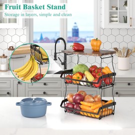XYZLVSI 3 Tier Countertop Fruit Basket Bread Bowl with Wooden Top for Kitchen, Stackable Vegetable Potato Onion Storage Wire Basket with Banana Hangers, Black