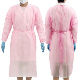 JMU 100 Pcs Disposable Isolation Gowns Pink, Polypropylene Medical Gowns Long with Knitted Cuffs
