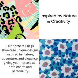 horzmetnex Stretch Fabric Horse Tail Bags with Vibrant Floral and Nature-Inspired Patterns, Fits All Tail Sizes, Tail Protection for Grooming, Shows, and Everyday Use, 2-Pack (Floral Adventure Set)