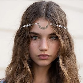 Blindery Boho Head Chain Crescent Headpiece Hollow Hair Chain Moon Head Chain Rhinestone Prom Headbands Festival Costume Hair Accessories for Women (bronze white)