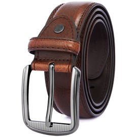GSG Mens Leather Belts Double Stitched Belts for Jeans, Suits, Work, Uniform with Single Prong Buckle Dark Brown 32-36 inch