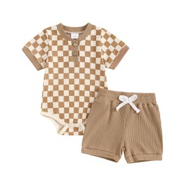 Vioyavo Newborn Baby Boys Girls Summer Outfit Stripe Pattern Short Sleeve Romper+Solid Color Elastic Waist Shorts 2Pcs Clothes Set (Za-Khaki, 3-6 Months)