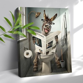 Luixdie Farmhouse Bathroom Wall Art Funny Donkey Sitting in Toilet Pictures Canvas Bath Signs Funny Animal Decor Wall Art for Bathroom Toilet Decoration 12x16inch