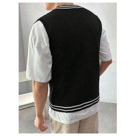 SOLY HUX Men's Striped Cable Knit Sweater Vest V Neck Sleeveless Casual School Sweater Tops Black Striped Medium